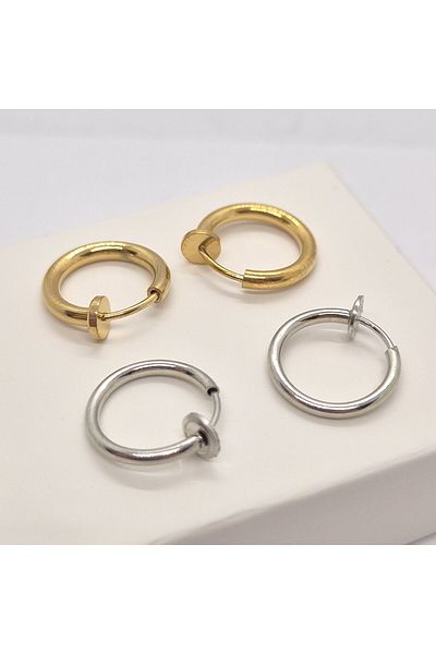 Set Stainless Steel Compression (2 Pairs) Fake Perforation Free (12 mm) Hoop Earrings