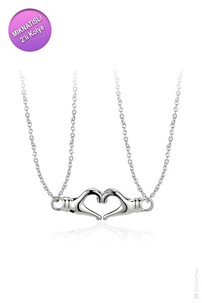 BearPear Çift Kalp Şeklinde El 2'li Mıknatıslı Kolye Sevgili Çift Kolyesi