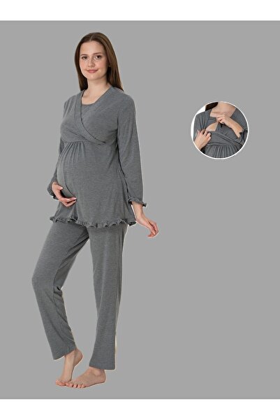 LOHOUSE Kadın Füme Uzun Kol Kruvaze Lohusa Hamile Pijama Takım