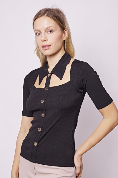 Jument Black Lycra Short Sleeve Bodysuit - Metal Button Detail