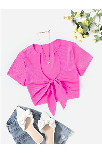 MOONBULL Дамска къса блуза от набрана материя с връзки отпред