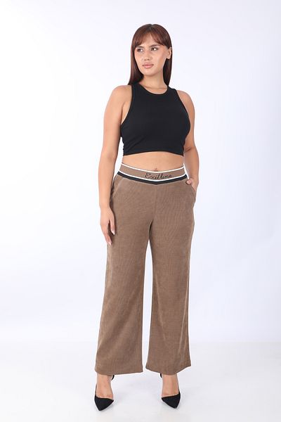 EXİTLİNE Women's Elastic Waist Double Color Stripe Tan Velvet Trousers