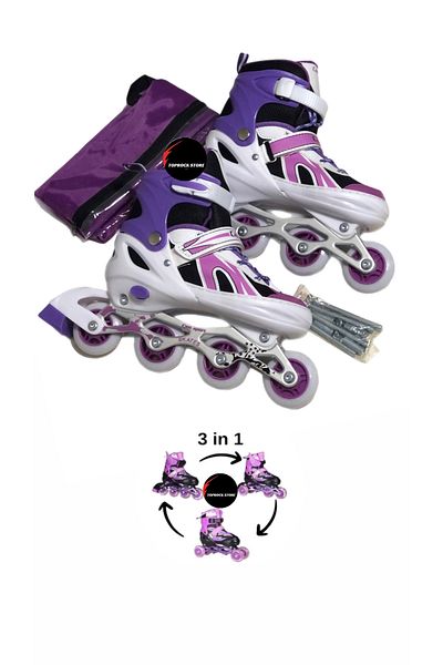 TOPROCKSTORE Lighted Children's Skates Silicone Adjustable Wheel Metal Body 3 in 1 with Numbered Bag