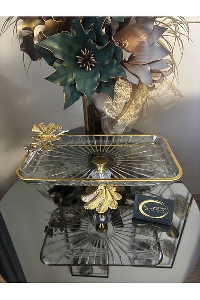 ARS HOME DEKOR Pasabahce Metal Leg Butterfly Figured Gilded Presentation Plate, Decorative Borcam, Gift, Sugar Bowl