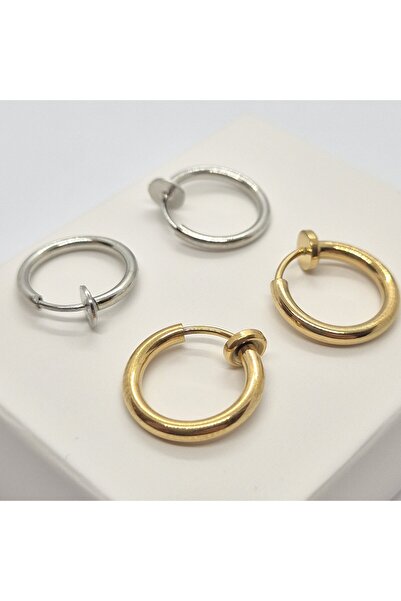 Set Stainless Steel Compression (2 Pairs) Fake Perforation Free (12 mm) Hoop Earrings
