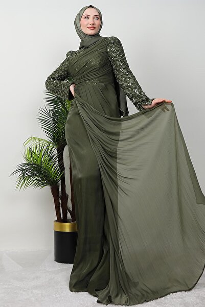 GİZ AGİYİM Βραδινό φόρεμα με λεπτομέρεια από πέτρα Tulle σε χακί χρώμα