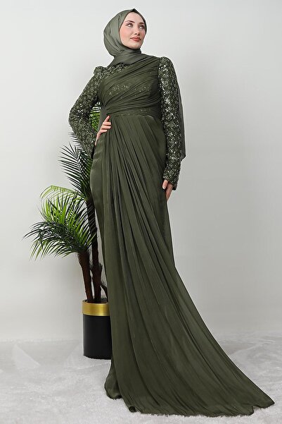 GİZ AGİYİM Βραδινό φόρεμα με λεπτομέρεια από πέτρα Tulle σε χακί χρώμα