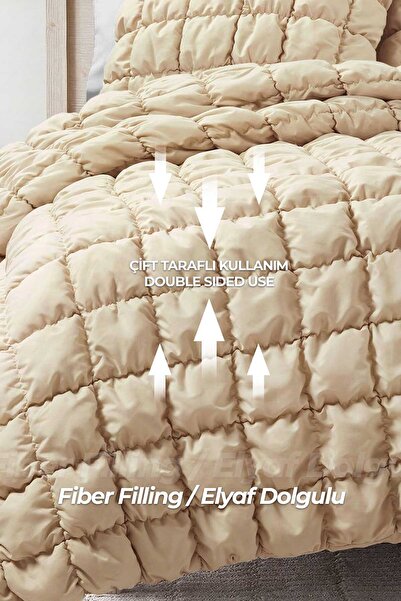 Evlen Home Collection Puff Yatak Örtüsü Seti Tek Kişilik El İşi Pamuklu Yorgan 2 Parça Uyku Takımı 180x240cm Açık Bej
