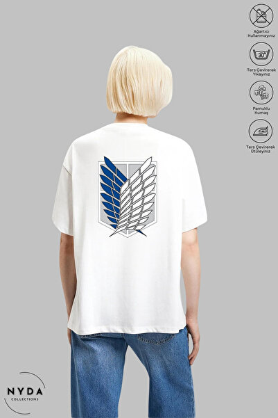 Nyda Collections تي شيرت قطني كبير الحجم مطبوع عليه طاقم الرقبة Attack on Tit...