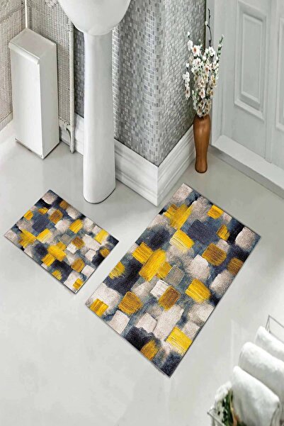 Pelangi طقم مرحاض مزدوج باللون الأصفر والرمادي - سجادة حمام انتقالية، سجادة ح...