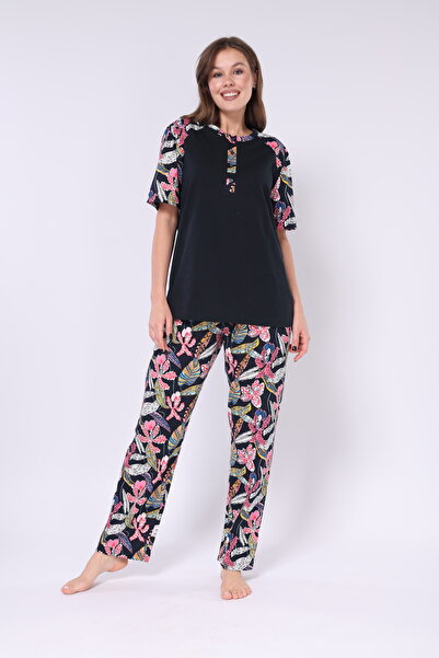 Mio Vero Navy Blue Shawl Print 100% Cotton Button-Down Collar Short Sleeve Women's Pajamas Set