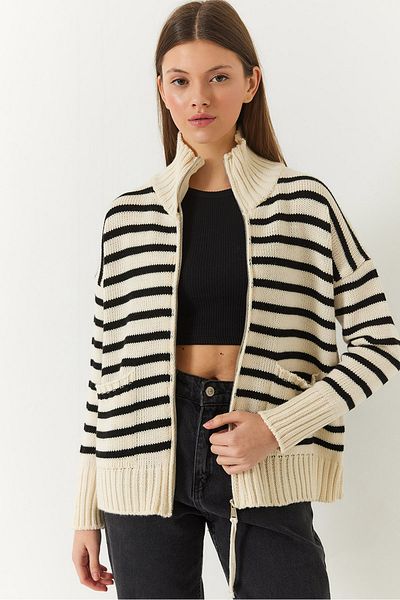 Bianco Lucci Women's Striped Zippered Knitwear Cardigan 20246314