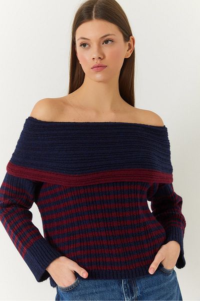 Bianco Lucci Women's Degaje Collar Striped Sweater 20246303