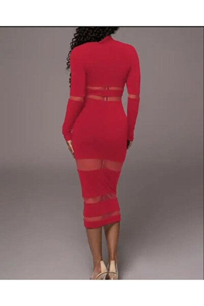 Viyamo Women's Stripe See-Through Detail Deal Product Midi Length Dress