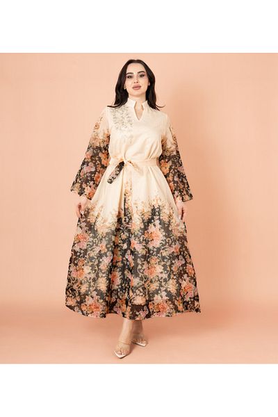 IKKXA Floral Belted Embroidery Jalabiya