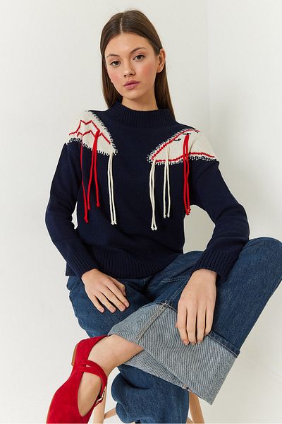 Bianco Lucci Women's Shoulder Fringed Knitwear Sweater 20246214