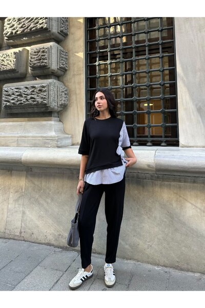 Gallogi Set de 2 bluză-pantaloni cu dungi Terikoton cu panglică laterală