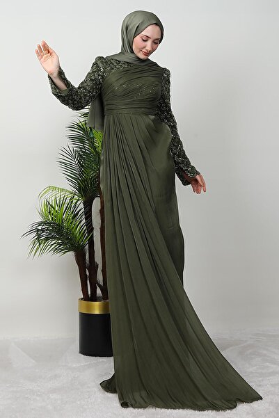 GİZ AGİYİM Βραδινό φόρεμα με λεπτομέρεια από πέτρα Tulle σε χακί χρώμα