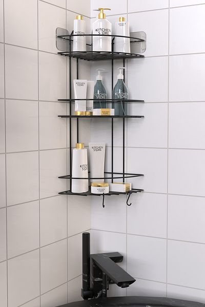 Kitchen Store Bathroom Organizer with Adhesive & 2 Washcloth Hooks – Metal Shampoo Holder Shower Shelf |   Modern Corner Organization