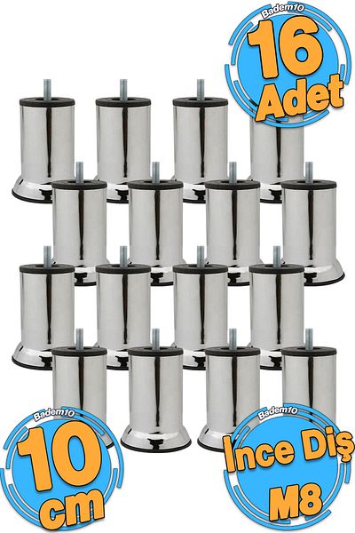 Badem10 16Pcs Furniture Sofa Plinth Seat Support Heightening Leg with M8 Bolt in Chrome Metal Feet 10cm
