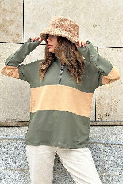 Juuuj Γυναικείο Χακί μακρυμάνικο, γιακάς, φερμουάρ, μπλούζα φούτερ με διπλό χ...