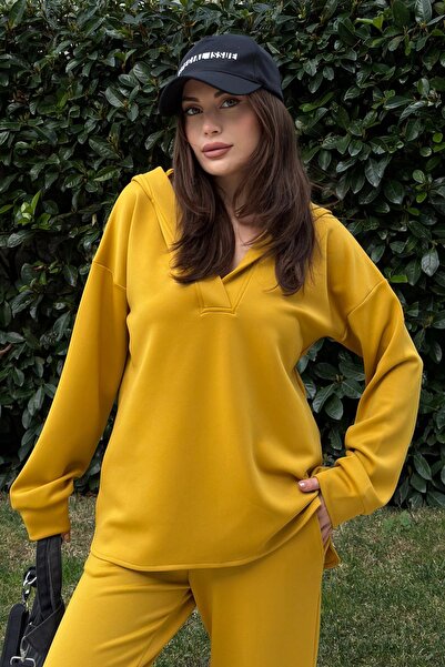 Juuuj Țesătură pentru scuba muștar pentru femei, croială lejeră, bluză cu glugă