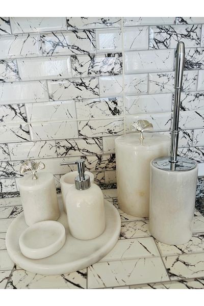 SAMTAŞ White 7-Piece Marble Bathroom Set with Silver Accessories