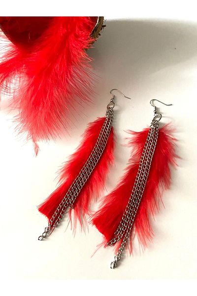 canan dizayn Red Bohemian Feather Chain Earrings