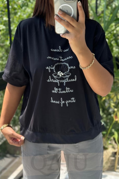 Qaju Tricou cu mânecă scurtă cu șase șnur brodat cu perle negre și scoici de ...