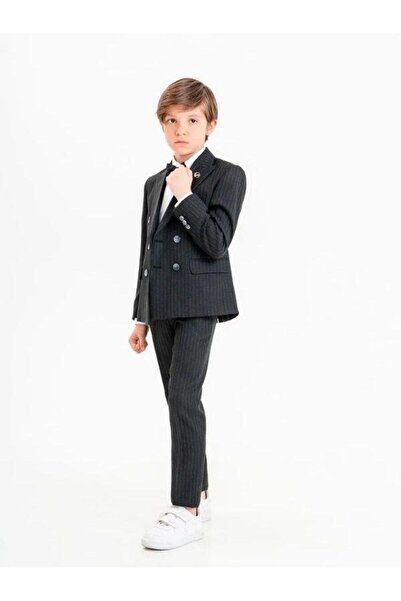 Zekids Boy's Striped Double Breasted Lapel Suit (Age 5-9)