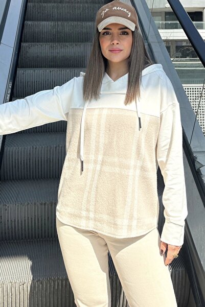 Juuuj Γυναικεία μπεζ καρό γαρνιρισμένη, χαλαρή εφαρμογή, φούτερ με κουκούλα με δύο κλωστές