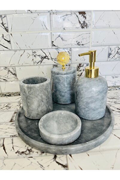SAMTAŞ Γκρι Μαρμάρινο Σετ Μπάνιου 5 τεμαχίων με Χρυσά Αξεσουάρ