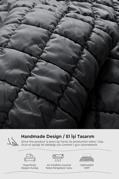 Evlen Home Collection Single Cotton Quilt - Filled Luxury Anthracite Sleeping Set 2 Pieces Handcrafted Puff Bed Cover Set