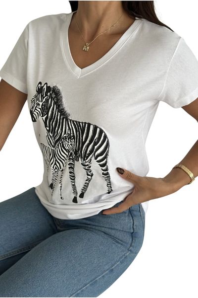 Cassime Women's White Zebra Embroidery Print 100% Cotton V-Neck T-Shirt