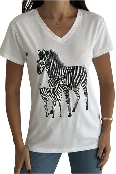 Cassime Women's White Zebra Embroidery Print 100% Cotton V-Neck T-Shirt