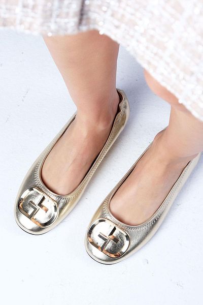 Mio Gusto Penny Gold Color Women's Ballerinas with Metal Buckle