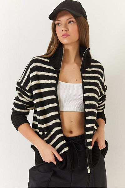 Bianco Lucci Women's Striped Zippered Knitwear Cardigan 20246314
