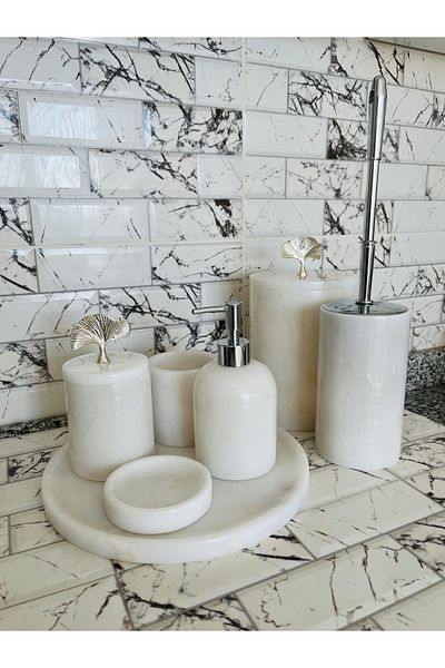 SAMTAŞ White 7-Piece Marble Bathroom Set with Silver Accessories