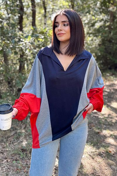 NEW LAVİVA Women's Navy Blue Polo Collar, Bat Sleeve, Elastic Cuff, Asymmetric Color Block, Loose Sweatshirt Blouse