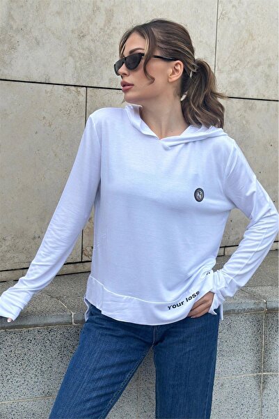 Juuuj Bluză albă cu mânecă lungă, hanorac cu glugă, cu detaliu cu fante, crea...