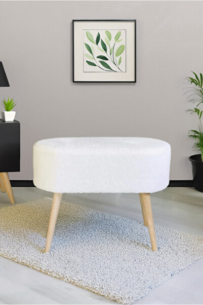 YAPKAR Gürgen Ahşap Ayak Kırık Beyaz Pofidik Teddy Oval Puf Bench