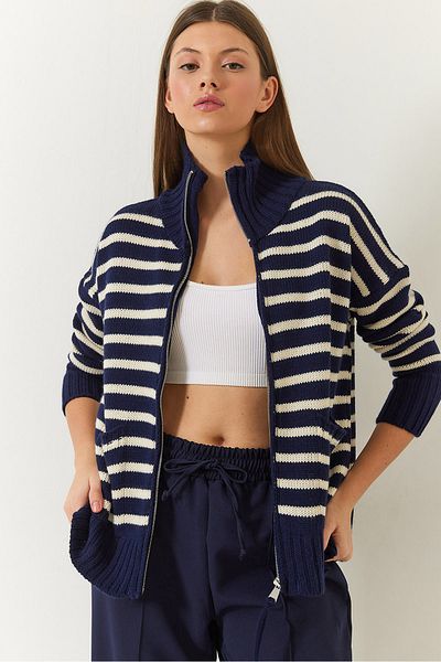 Bianco Lucci Women's Striped Zippered Knitwear Cardigan 20246314