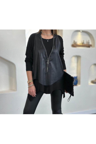 Modazun Uzun kollu asimetrik viskon bluz ve deri görünümlü, fermuar detaylı y...