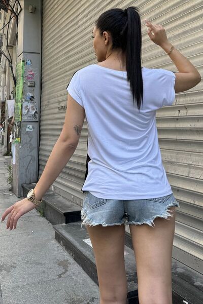 Juuuj Дамска жълто-бяла блуза с къс ръкав, дизайн с цветни блокове, свободна блуза, тениска