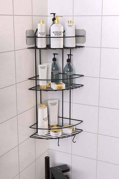 Kitchen Store Bathroom Organizer with Adhesive & 2 Washcloth Hooks – Metal Shampoo Holder Shower Shelf |   Modern Corner Organization