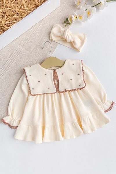 Babymod Baby Girl Dress - 100% Cotton, Square Handkerchief Neckline and Heart Embroidery Bandana, Set for Your Birth