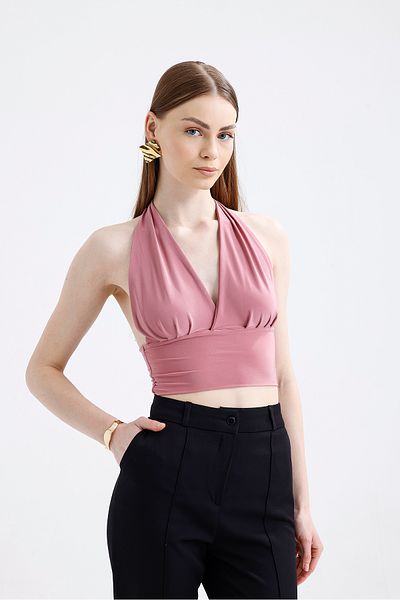 Elia Moda Γυναικεία Πούδρα Ροζ Μπλούζα με λαιμόκοψη με κούφια σανίδα