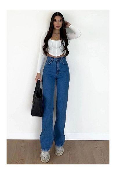 kotmodası Pantaloni de jeans cu talie super înaltă, albastru mijlociu Palazzo, creștini din anii 90
