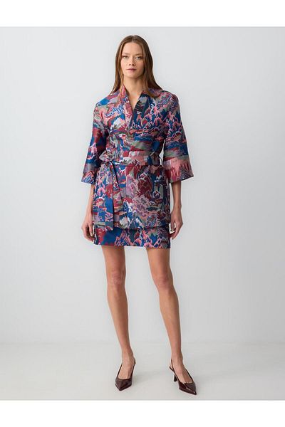 Jimmy Key Mixed Straight Cut Three Quarter Sleeve Print Long Woven Kimono