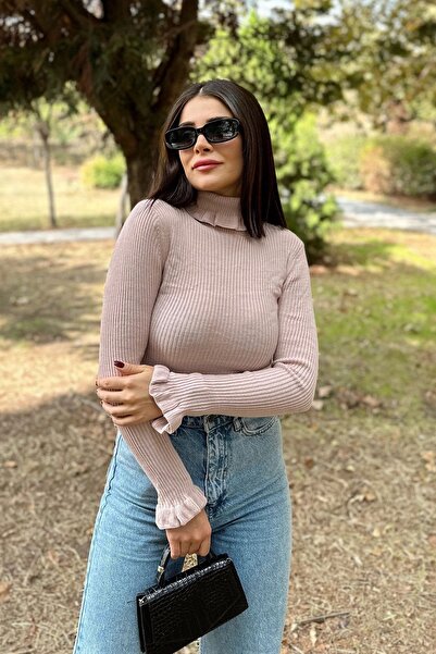 Juuuj Women's Dried Rose Frilly Neck Collar, Long Sleeve, Flexible Fabric Sit...